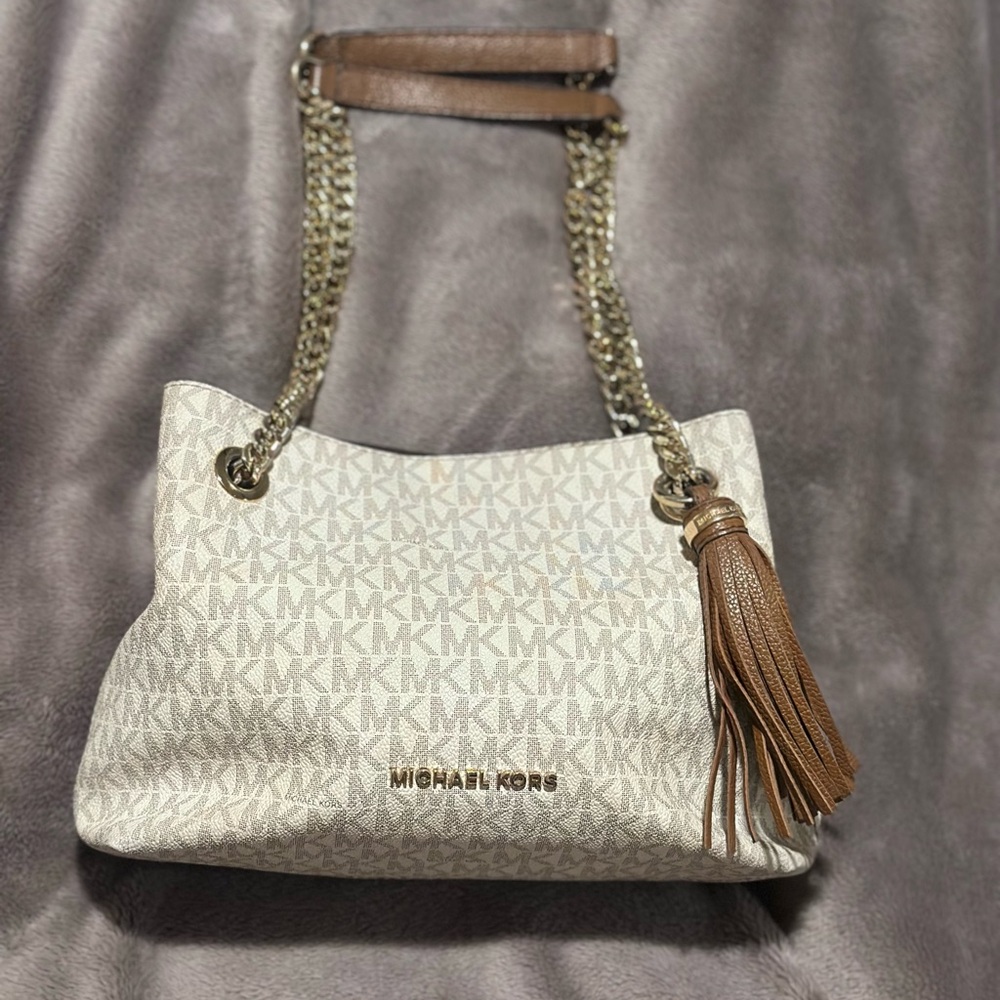 Michael Kors Signature Jet Set W/Chain White/Cream and Brown Shoulder Bag